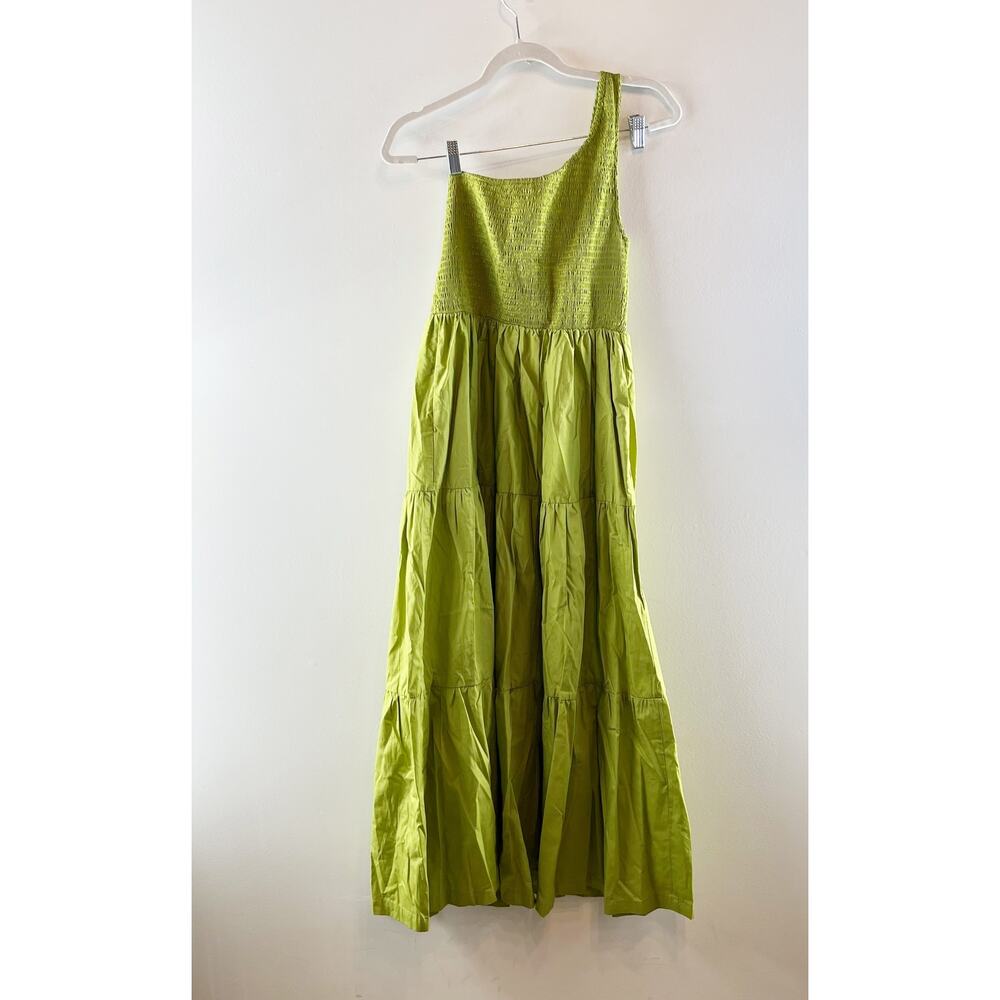o.p.t One Shoulder Smocked Tiered A-Line Maxi Dress Chartreuse Green Large - Picture 8 of 8